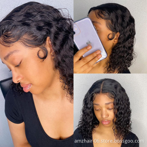 Cheap Deep Wave Bob Wig Natural Human Hair Hd Full Transparent Lace Front Wig Raw Indian Virgin Human Hair Lace Frontal Wig